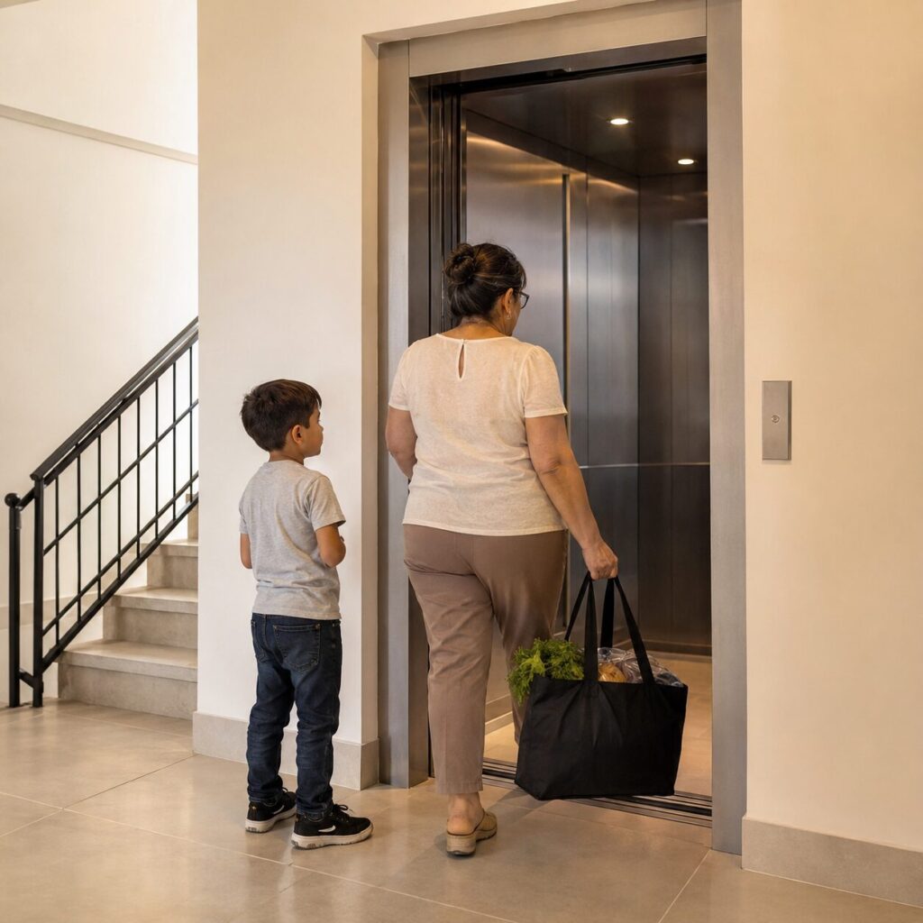 Personas accediendo al ascensor de un edificio de viviendas