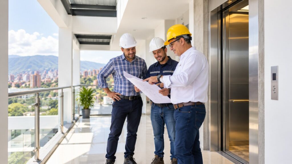 Equipo técnico de Ascensores Balaguer en una terraza con vista a la ciudad Tres técnicos de Ascensores Balaguer con casco revisan planos en una terraza con vista a una ciudad colombiana