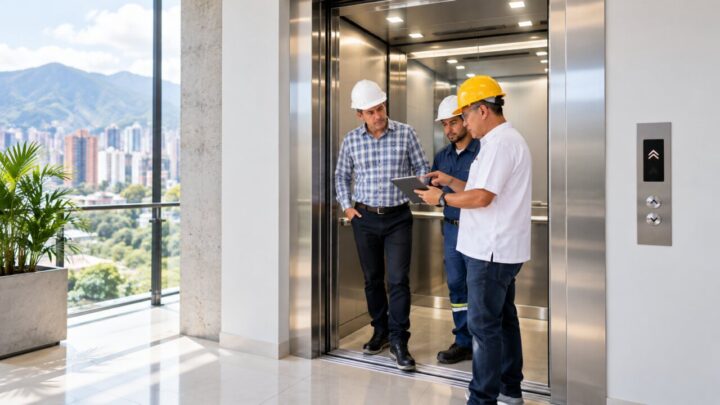 Equipo técnico de Ascensores Balaguer revisa desde dentro la cabina de un ascensor en acero inoxidable