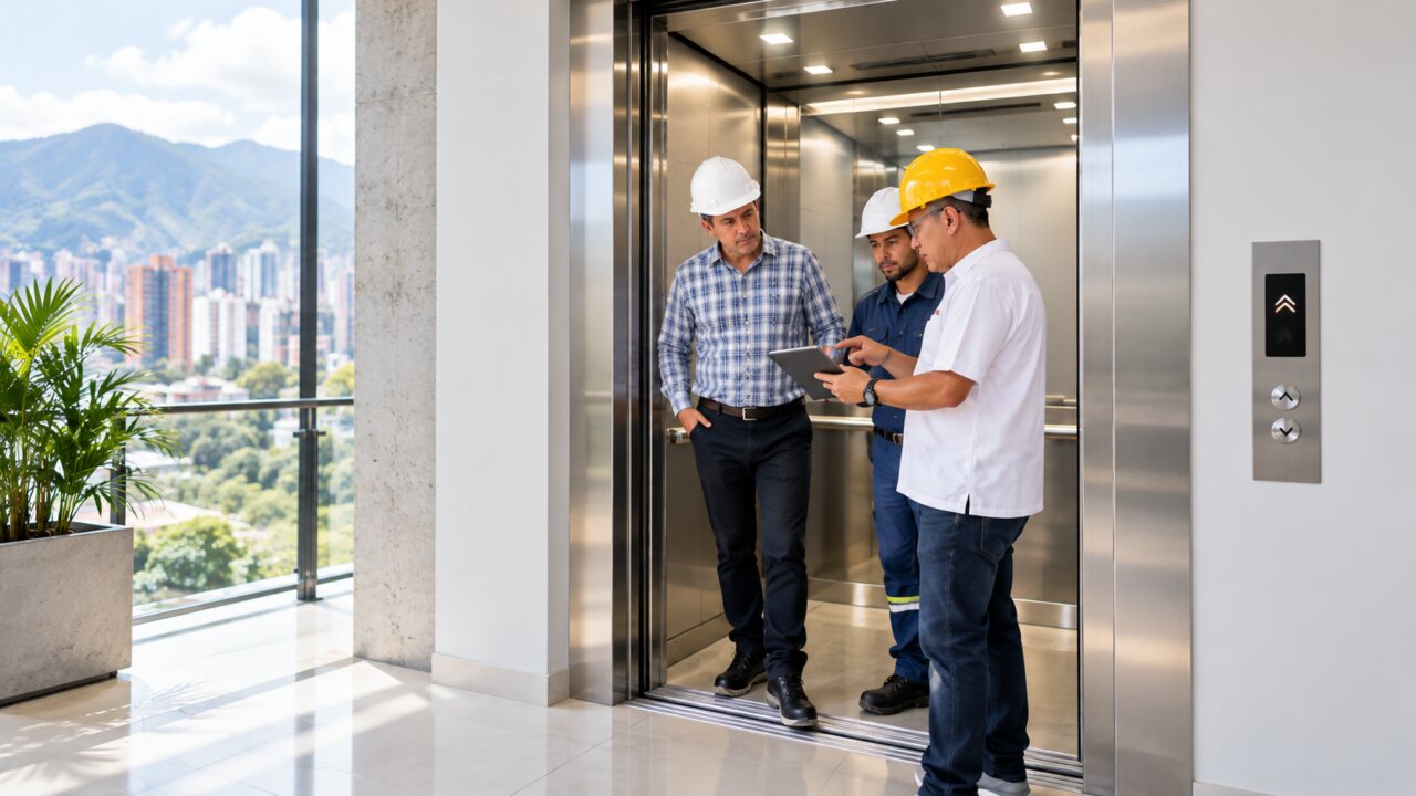 Equipo técnico de Ascensores Balaguer revisa desde dentro la cabina de un ascensor en acero inoxidable