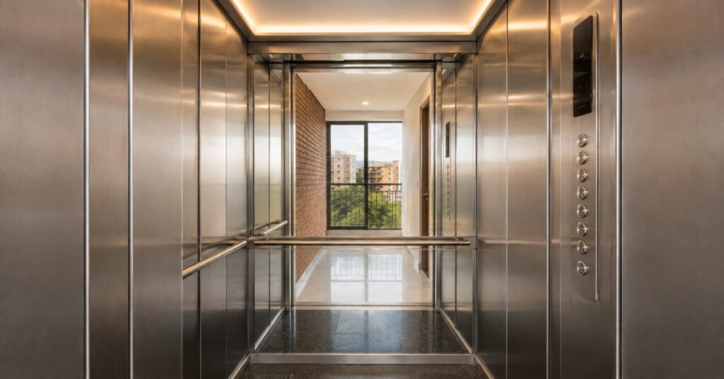 Interior de una cabina de ascensor con vista a la ciudad